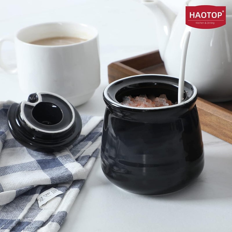 HAOTOP HAOTOP Porcelain Salt Bowl with Lid and SpoonCeramic Sugar Bowl 12oz Black  - Image 4