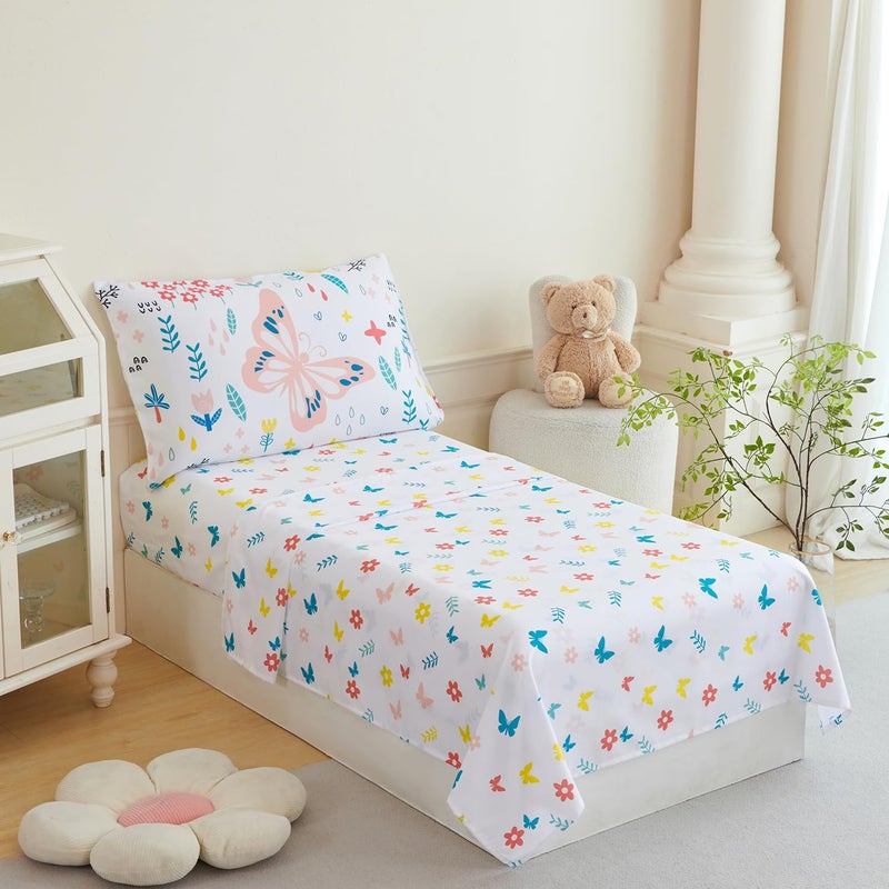 PERFEMET Girls Toddler Bedding Colorful Flower Blossom Comforter Set Butterfly Print Toddler Bedding Sets Ultra Soft Lightweight Bed-in-A-Bag for Toddlers(4 Pieces, White) - Image 4