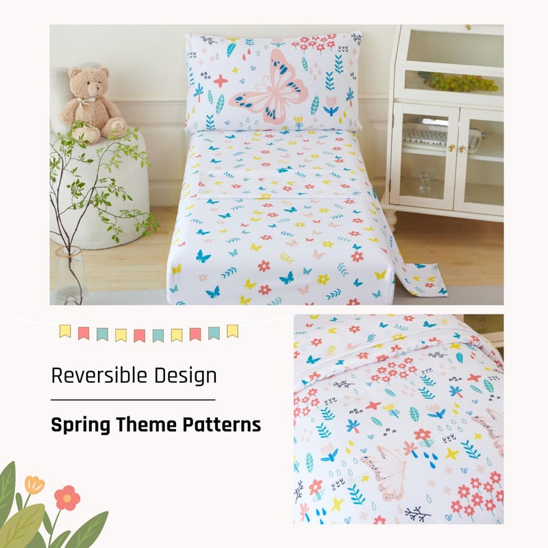 PERFEMET Girls Toddler Bedding Colorful Flower Blossom Comforter Set Butterfly Print Toddler Bedding Sets Ultra Soft Lightweight Bed-in-A-Bag for Toddlers(4 Pieces, White) - Image 5