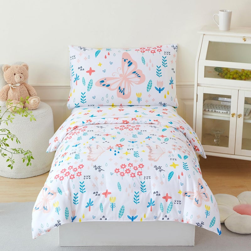 PERFEMET Girls Toddler Bedding Colorful Flower Blossom Comforter Set Butterfly Print Toddler Bedding Sets Ultra Soft Lightweight Bed-in-A-Bag for Toddlers(4 Pieces, White) - Image 1