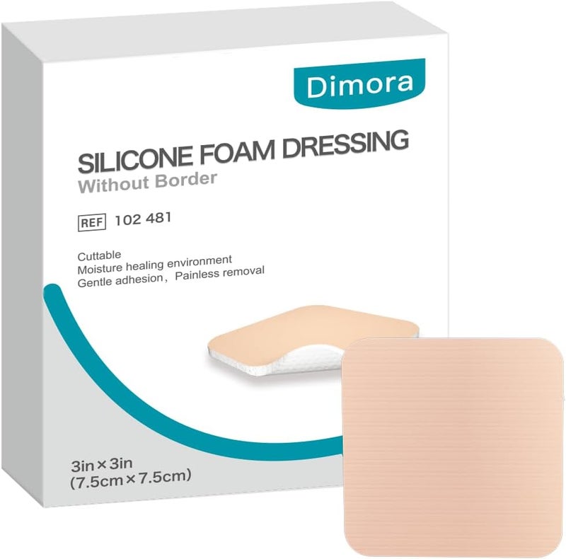 Dimora Silicone Foam Dressing Without Border - 3"x 3" Highly Absorbent Adhesive Waterproof Bandages for Wounds, Cuttable Pads for Wound Care and Dressings, 10 Pack