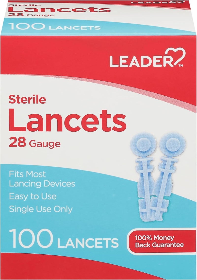 Leader إبر لانسيت معقمة رفيعة للغاية 28 قياس للاستخدام الفردي مصممة للاختبار السكري لمستوى الجلوكوز في الدم 100 قطعة في العلبة - Image 1