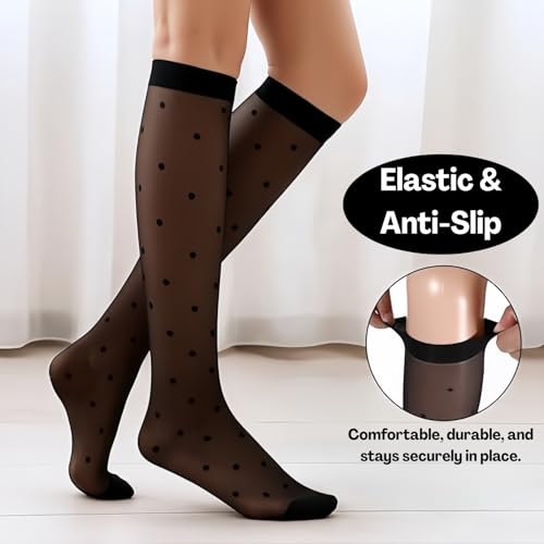 Flavizo Women Sheer Knee High Stockings | 2 Pairs Black Transparent Ultra Stretchable Trouser Socks | Elegant Vintage Polka Dot Design for Summer, Party and Various Occasions - Image 4