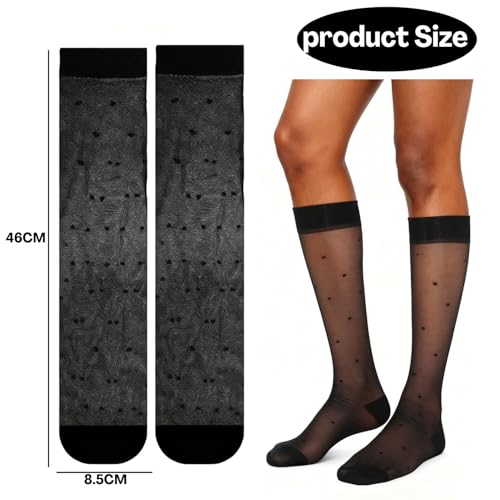 Flavizo Women Sheer Knee High Stockings | 2 Pairs Black Transparent Ultra Stretchable Trouser Socks | Elegant Vintage Polka Dot Design for Summer, Party and Various Occasions - Image 3