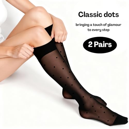 Flavizo Women Sheer Knee High Stockings | 2 Pairs Black Transparent Ultra Stretchable Trouser Socks | Elegant Vintage Polka Dot Design for Summer, Party and Various Occasions - Image 2