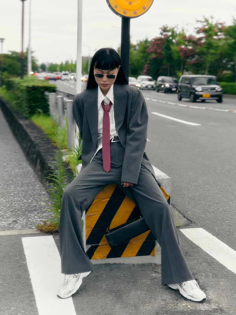 Lichi Straight suiting trousers with stitched creases and a belt