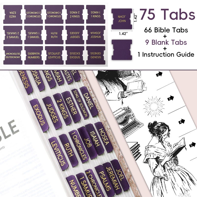 XKDOUS Leather Purple Bible Tabs, Laminated Large Print Gold Foil Bible Tabs for Women Men, 75 Bible Chapter Tabs, Bible Index Tabs, Bible Book Tabs (Violet) - Image 2
