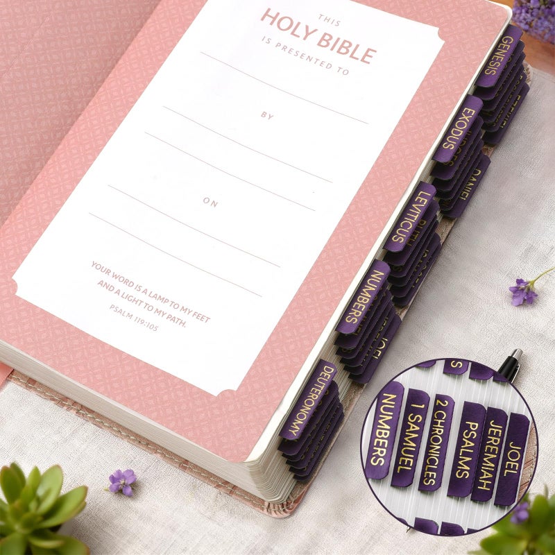 XKDOUS Leather Purple Bible Tabs, Laminated Large Print Gold Foil Bible Tabs for Women Men, 75 Bible Chapter Tabs, Bible Index Tabs, Bible Book Tabs (Violet) - Image 4