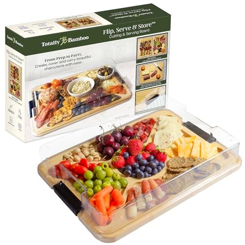 Totally Bamboo Flip Serve Store Charcuterie Board with Lid Reversible Bamboo Cutting Board and Portable Cheese Tray with Compartments Locking Travel Cover 155 x 115 Inches - Image 1