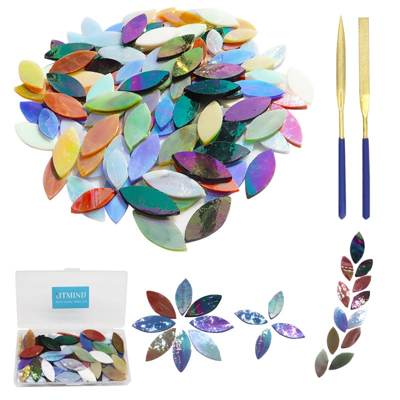 LITMIND 120 Pcs Iridescent Leaf Stained Glass Mosaic Tiles Precut Petals for Crafts Mixed Sizes with Files DIY Mosaic Art Supplies