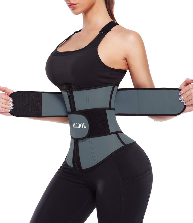 ANGOOL Neopren Waist Trainer For Women,Workout Plus Size Trimmer Belt Sauna Sweat Corset Cincher With Zipper L Gray-Dark - Image 1