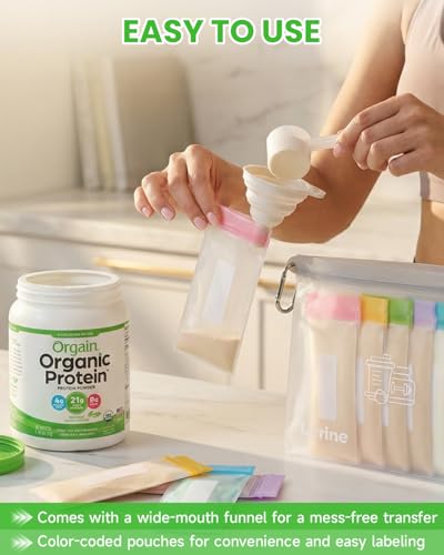 Lerine Protein Powder Travel Container Set, Reusable Protein Powder Container To Go, 21Pcs Single Dose Bags & 3Pcs Large Zip Bags, Portable Supplement Storage Containers with Funnel, Spoon - Image 2