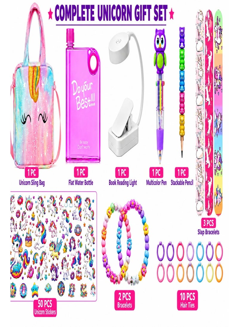 Unicorn Gift Set for Girls Kids – 9-Piece Unicorn Stationery & Accessories Bundle with Unicorn Sling Bag, Flat Water Bottle, Reading Light, Multicolor Pen, Stackable Pencil, 3 Slap Bracelets, 50 Unicorn Stickers, 2 Beaded Bracelets & 10 Hair Ties - Image 1