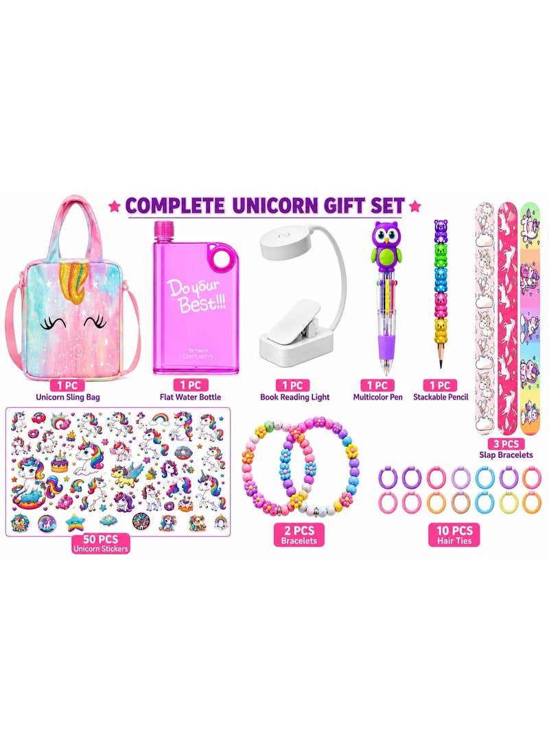 Unicorn Gift Set for Girls Kids – 9-Piece Unicorn Stationery & Accessories Bundle with Unicorn Sling Bag, Flat Water Bottle, Reading Light, Multicolor Pen, Stackable Pencil, 3 Slap Bracelets, 50 Unicorn Stickers, 2 Beaded Bracelets & 10 Hair Ties - Image 2