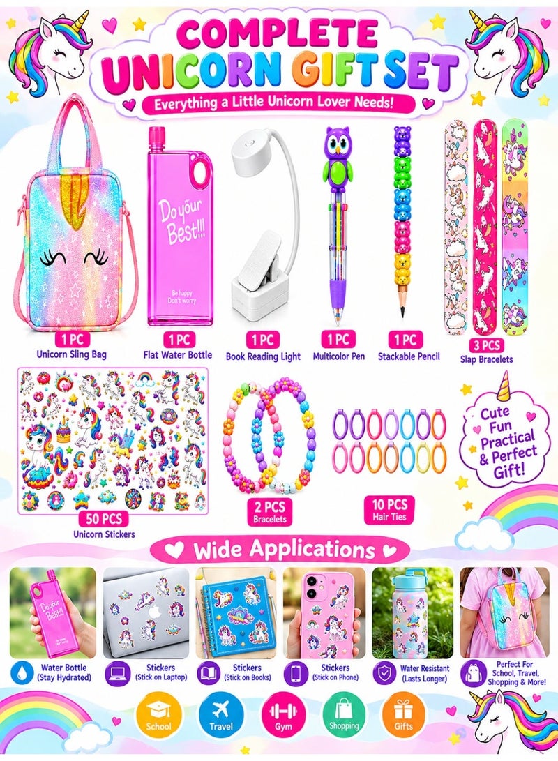 Unicorn Gift Set for Girls Kids – 9-Piece Unicorn Stationery & Accessories Bundle with Unicorn Sling Bag, Flat Water Bottle, Reading Light, Multicolor Pen, Stackable Pencil, 3 Slap Bracelets, 50 Unicorn Stickers, 2 Beaded Bracelets & 10 Hair Ties, Age: 3 to 16 - Image 1