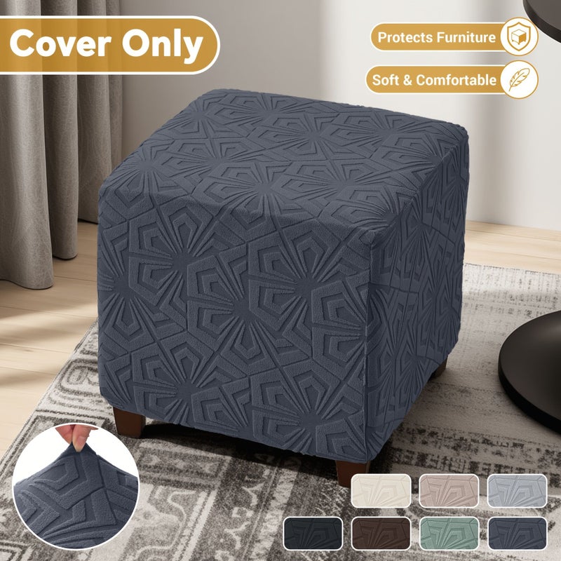 1 Piece Fleece Stretch Jacquard All Round Square Footstool Cover 13 Bean Green - Image 1