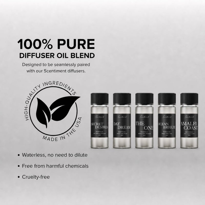 Scentiment Luxury Hotel Scents – 5 Diffuser Oil Set | Secret Desires, Day Dream, The One, Ocean Breeze & Amalfi Coast | Fresh Floral, Woody & Citrus Scents Home Fragrance Oils 5 x 0.68 fl oz (20 mL) - Image 4