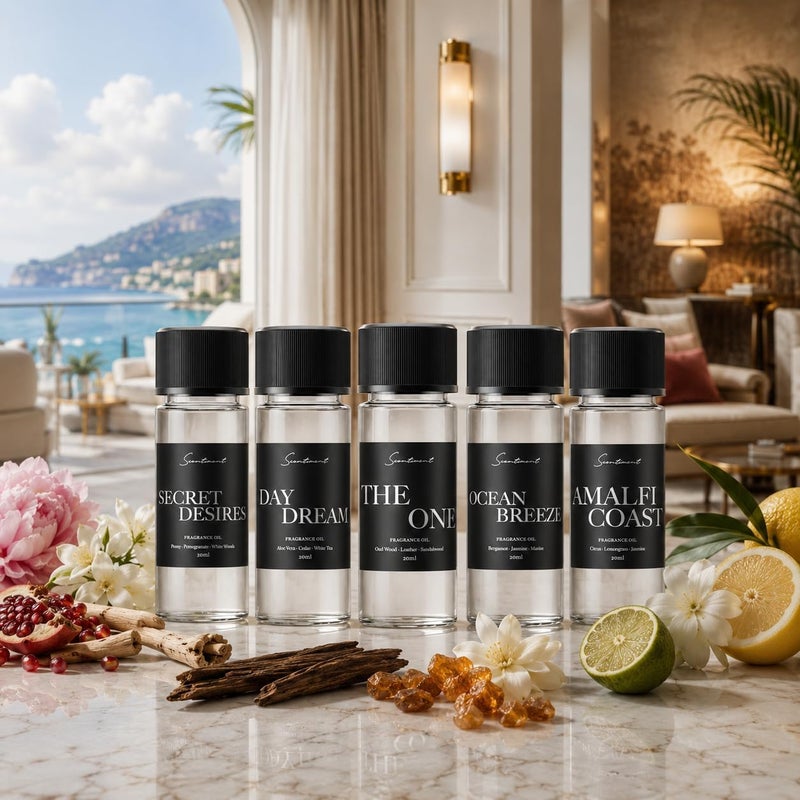 Scentiment Luxury Hotel Scents – 5 Diffuser Oil Set | Secret Desires, Day Dream, The One, Ocean Breeze & Amalfi Coast | Fresh Floral, Woody & Citrus Scents Home Fragrance Oils 5 x 0.68 fl oz (20 mL) - Image 2