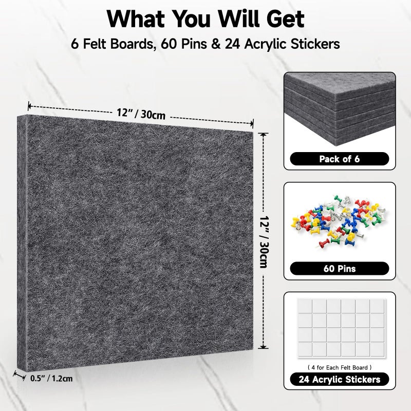 ANLIOTE 6 Pack Felt Bulletin Cork Board Tiles for Wall, 1/2" Thick Self Adhesive Pinboard Squares with 60 Pushpins, Felt Panels Wall Organizer for Photos, Pictures, Memos (11.8"x11.8"- Dark Grey) - Image 5
