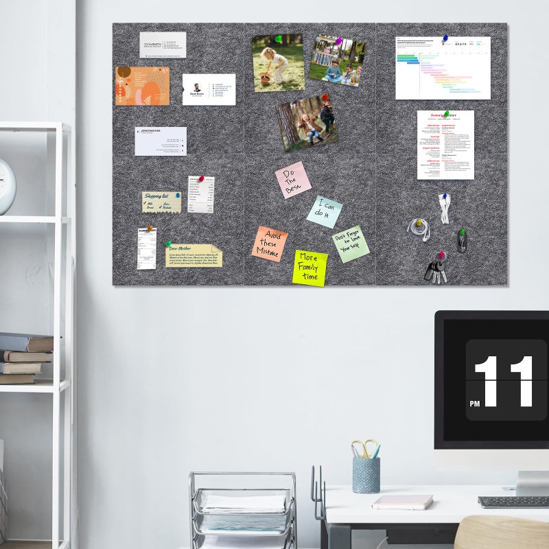 ANLIOTE 6 Pack Felt Bulletin Cork Board Tiles for Wall, 1/2" Thick Self Adhesive Pinboard Squares with 60 Pushpins, Felt Panels Wall Organizer for Photos, Pictures, Memos (11.8"x11.8"- Dark Grey) - Image 3