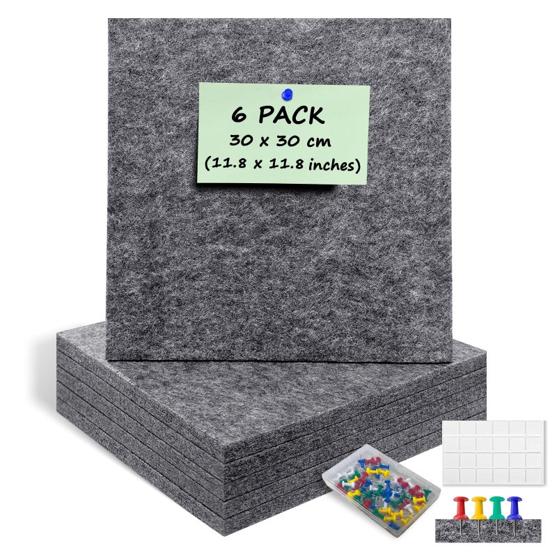 ANLIOTE 6 Pack Felt Bulletin Cork Board Tiles for Wall, 1/2" Thick Self Adhesive Pinboard Squares with 60 Pushpins, Felt Panels Wall Organizer for Photos, Pictures, Memos (11.8"x11.8"- Dark Grey) - Image 1