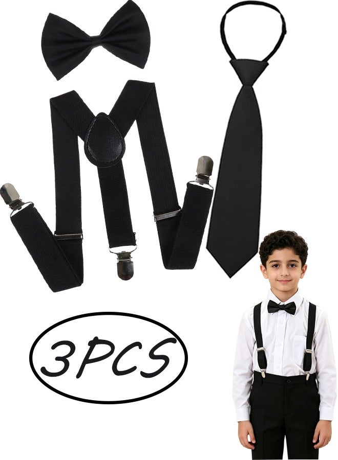 3 Pcs Kids Black Formal Accessory Kit,Adjustable Y-Back Suspenders Pre-Tied Bow Tie and Elastic Ring Necktie,Suit for Boys Girls Under 130 cm Wedding,Birthday,School Show,Graduation,Photoshoot,Formal Events - Image 1