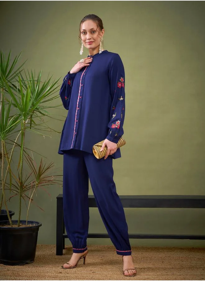 SASSAFRAS Floral Embroidered Sleeve Shirt & Pants Co-Ord by Styli