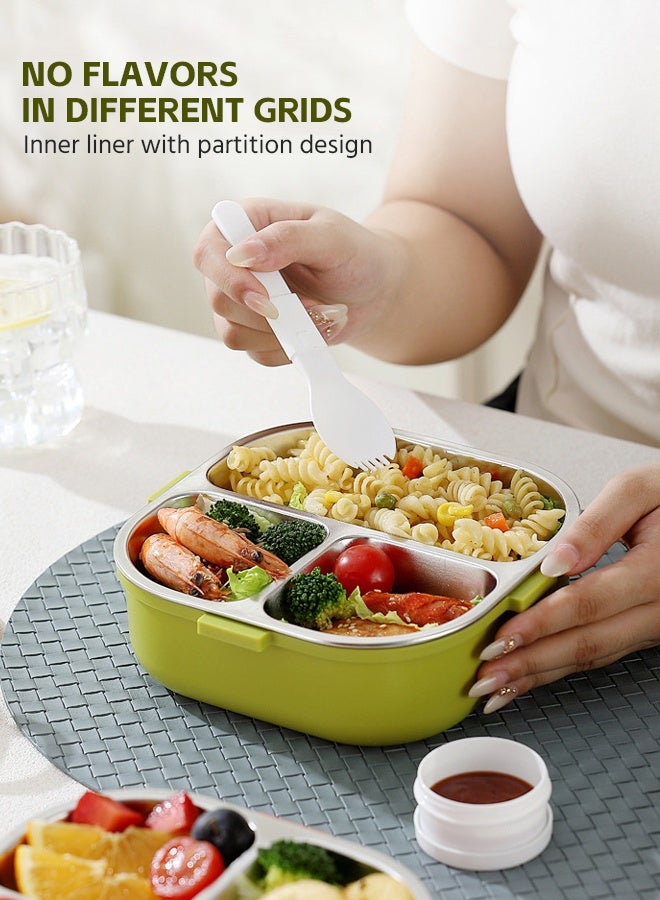 سوفت تاتش صندوق غداء للأطفال من الفولاذ المقاوم للصدأ، صندوق بينتو للأطفال الصغار بمقبض، حاوية طعام للأطفال بغطاء، صندوق وجبات خفيفة للأطفال مع كوب صلصة وملعقة للسفر إلى المدرسة والمنزل (أخضر) - Image 4