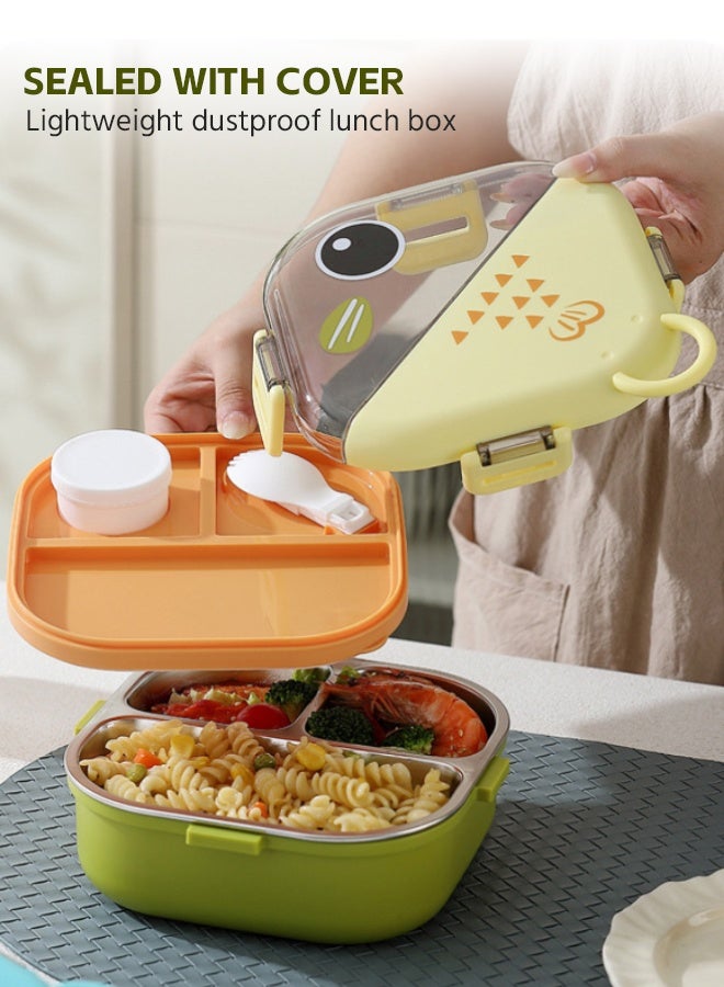 سوفت تاتش صندوق غداء للأطفال من الفولاذ المقاوم للصدأ، صندوق بينتو للأطفال الصغار بمقبض، حاوية طعام للأطفال بغطاء، صندوق وجبات خفيفة للأطفال مع كوب صلصة وملعقة للسفر إلى المدرسة والمنزل (أخضر) - Image 3