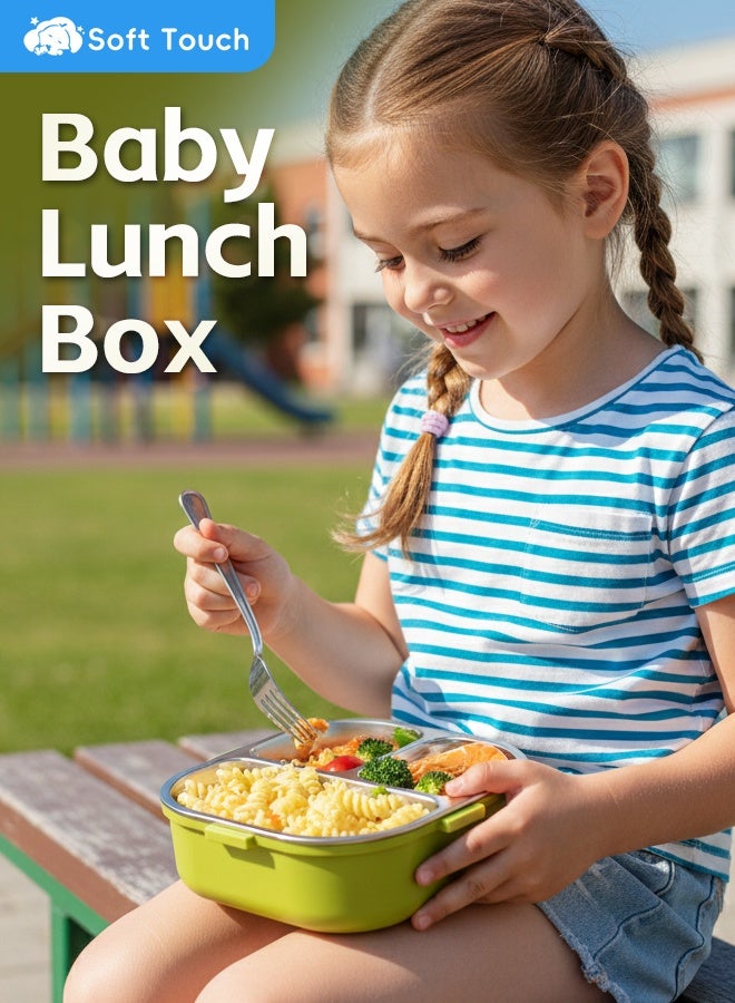 سوفت تاتش صندوق غداء للأطفال من الفولاذ المقاوم للصدأ، صندوق بينتو للأطفال الصغار بمقبض، حاوية طعام للأطفال بغطاء، صندوق وجبات خفيفة للأطفال مع كوب صلصة وملعقة للسفر إلى المدرسة والمنزل (أخضر) - Image 2