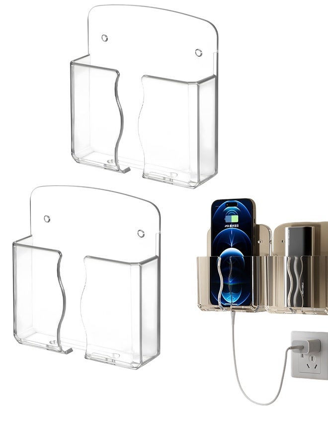 2Pcs Wall Mount Phone Holder Transparent Wall Phone Holder for Bed Self Adhesive Cell Phone Wall Holder with Charging Hole for Most Cell Phone, Bedside Remote Control Stand - Image 1