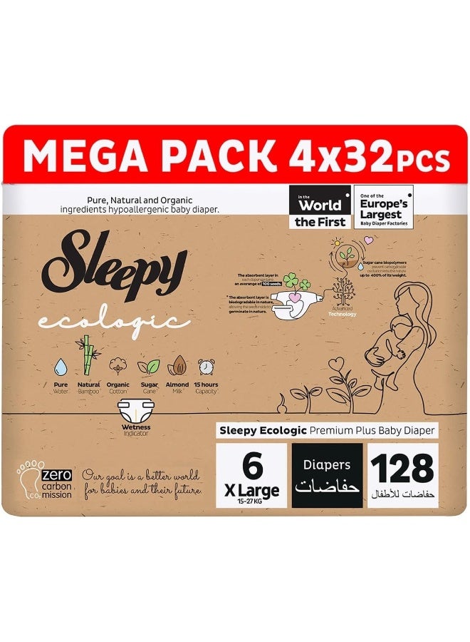Sleepy Ecologic Size 6, Hypoallergenic, Plant-Based, Biodegradable, Sustainable, Premium Taped Diapers With High Absorption, Organic Baby Dry Diaper 15-27 Kg, 100% Leakproof (6, 128, Count)