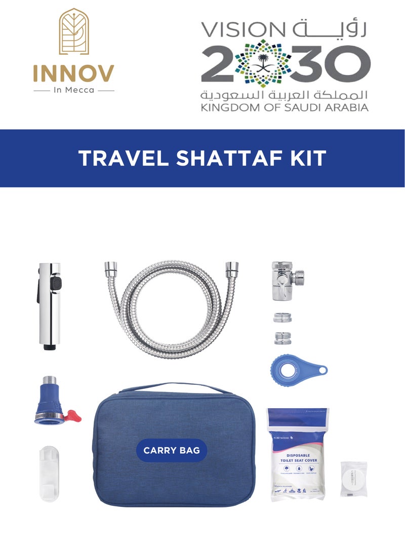 إنوف إن مكة - طقم شطاف/بيديه للسفر فضي. مع خرطوم مياه بطول 3 متر، حامل شطاف من النحاس المصقول مع حقيبة حمل زرقاء - Image 1