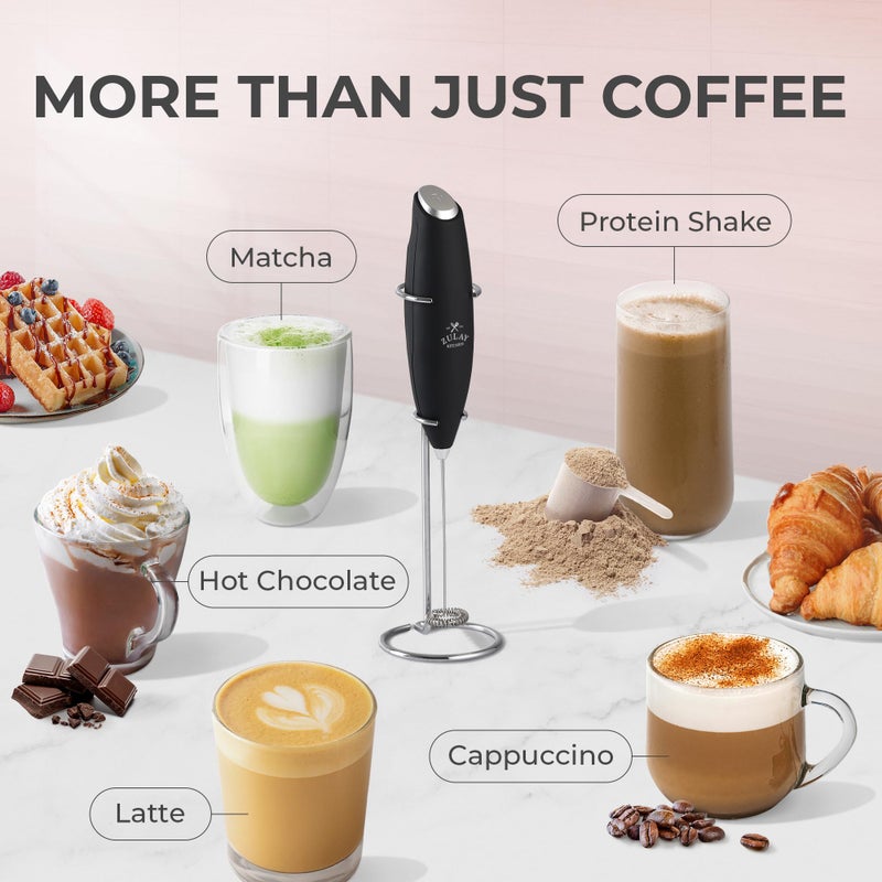 Zulay Kitchen Zulay Kitchen Premium Gift Milk Frother Complete Set - Handheld Foam Maker, Stencils & Frothing Pitcher Set - Whisk Drink Mixer for Coffee - Mini Blender for Cappuccino, Frappe - Black  - Image 5