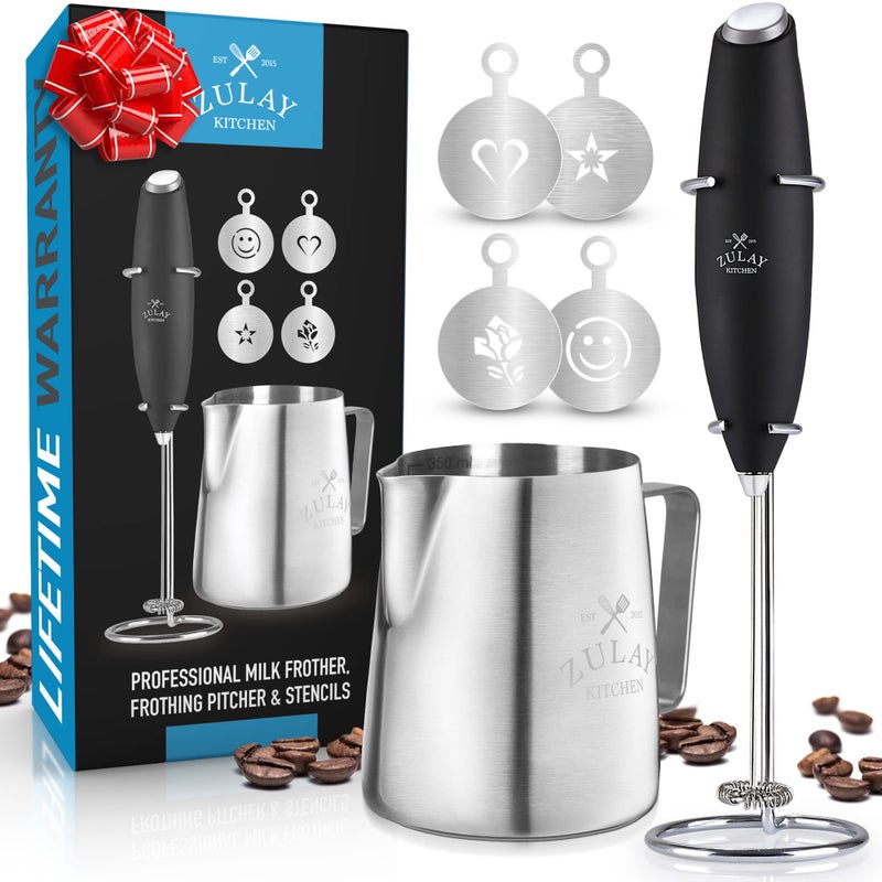 Zulay Kitchen Zulay Kitchen Premium Gift Milk Frother Complete Set - Handheld Foam Maker, Stencils & Frothing Pitcher Set - Whisk Drink Mixer for Coffee - Mini Blender for Cappuccino, Frappe - Black  - Image 1
