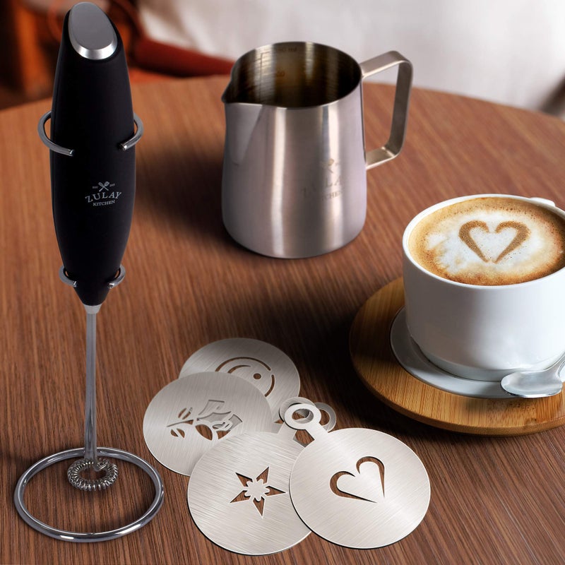 Zulay Kitchen Zulay Kitchen Premium Gift Milk Frother Complete Set - Handheld Foam Maker, Stencils & Frothing Pitcher Set - Whisk Drink Mixer for Coffee - Mini Blender for Cappuccino, Frappe - Black  - Image 4