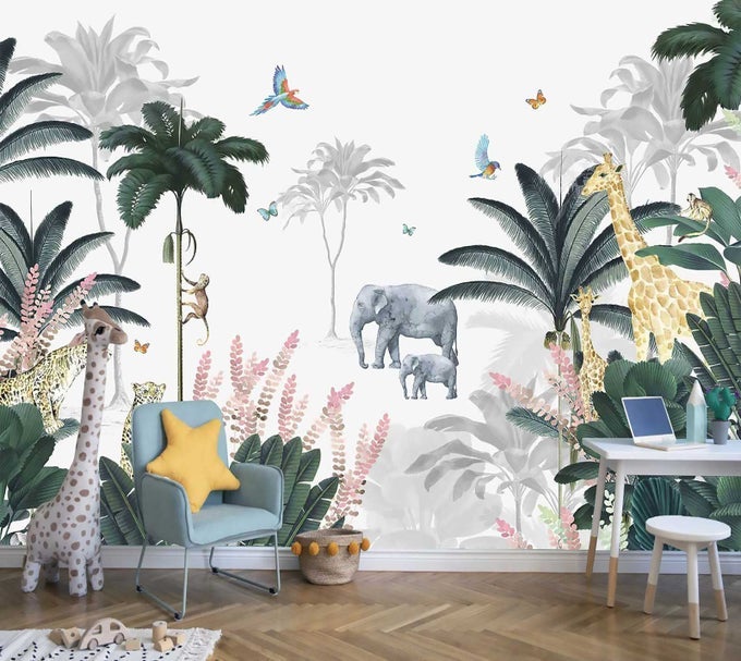 KIDS WALLPAPER TROPICAL LEAVES AND SAFARI ANIMALS MURAL WALLPAPER FOR BEDROOM TV BACKGROUND SOFA WALL NOT SELFADHESIVE