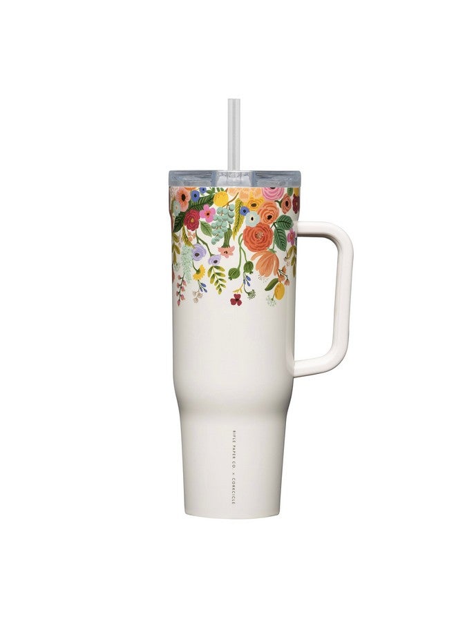 Corkcicle x Rifle Paper Co. Cruiser Insulated Tumbler with Handle and Straw, Garden Party Cream, 40 oz - Reusable Water Bottle Keeps Beverages Cold 20hrs, Hot 9hrs - Cupholder Friendly, Spill Proof - Image 1