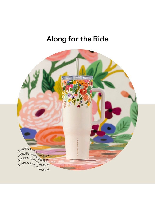 Corkcicle x Rifle Paper Co. Cruiser Insulated Tumbler with Handle and Straw, Garden Party Cream, 40 oz - Reusable Water Bottle Keeps Beverages Cold 20hrs, Hot 9hrs - Cupholder Friendly, Spill Proof - Image 3