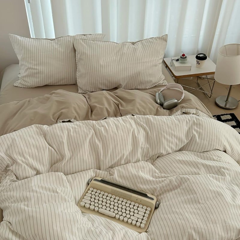 Nayoroom Brown Striped Duvet Cover Queen Size 100% Washed Cotton Duvet Cover Linen Like Textured, Reversible 3 Pieces Soft Breathable Yarn-Dyed Stripe Girls Dorm Bedding Set for All Seasons - Image 2