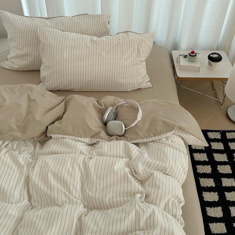 Nayoroom Brown Striped Duvet Cover Queen Size 100% Washed Cotton Duvet Cover Linen Like Textured, Reversible 3 Pieces Soft Breathable Yarn-Dyed Stripe Girls Dorm Bedding Set for All Seasons - Image 3