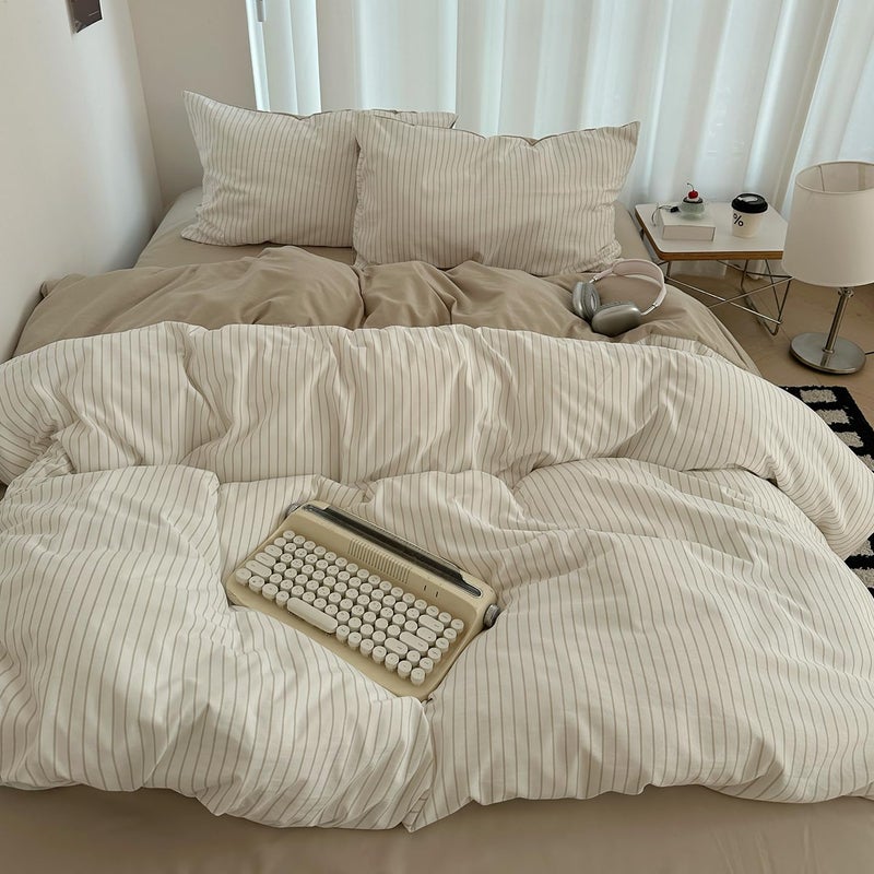 Nayoroom Brown Striped Duvet Cover Queen Size 100% Washed Cotton Duvet Cover Linen Like Textured, Reversible 3 Pieces Soft Breathable Yarn-Dyed Stripe Girls Dorm Bedding Set for All Seasons - Image 4