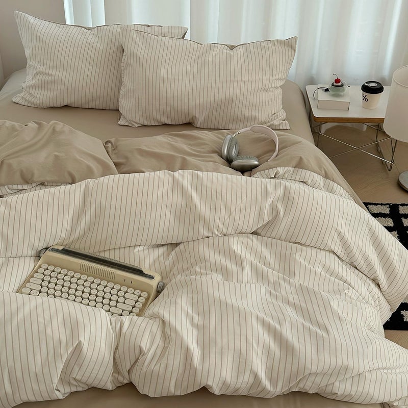 Nayoroom Brown Striped Duvet Cover Queen Size 100% Washed Cotton Duvet Cover Linen Like Textured, Reversible 3 Pieces Soft Breathable Yarn-Dyed Stripe Girls Dorm Bedding Set for All Seasons - Image 1