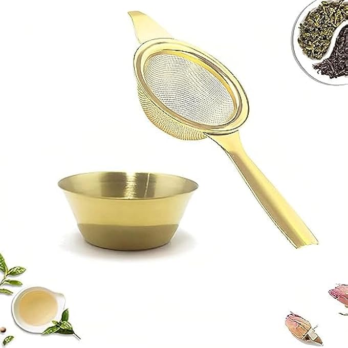 Azonee Tea Strainer For Loose Tea Stainless Steel Tea Filter With Drip Bowl Stainless Steel Extra Fine Mesh Tea Strainer For Loose Leaf Leaf Filter Kitchen Tool With Long Handle And Stand Gold - Image 2
