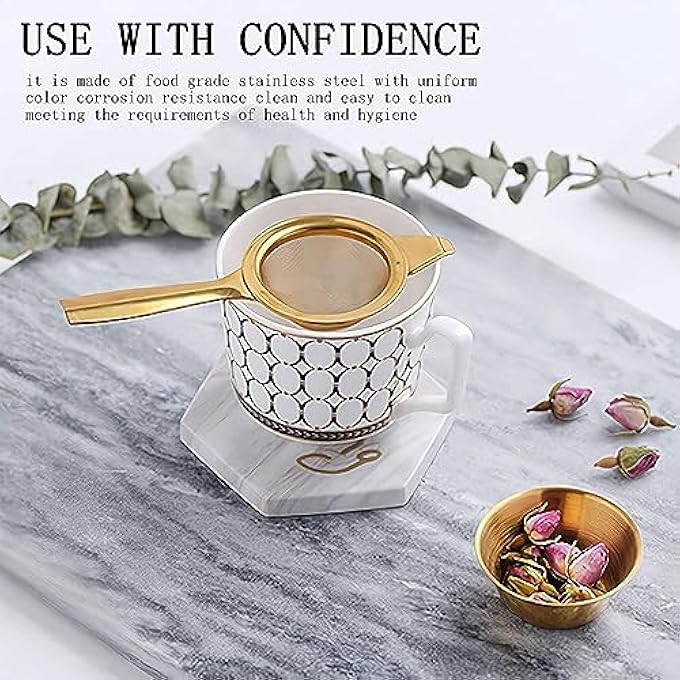 Azonee Tea Strainer For Loose Tea Stainless Steel Tea Filter With Drip Bowl Stainless Steel Extra Fine Mesh Tea Strainer For Loose Leaf Leaf Filter Kitchen Tool With Long Handle And Stand Gold - Image 3