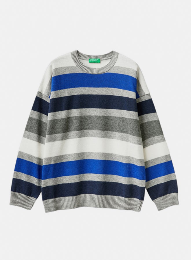 بينيتون سويتر أولاد مخطط من خليط صوف وقطن - Image 1