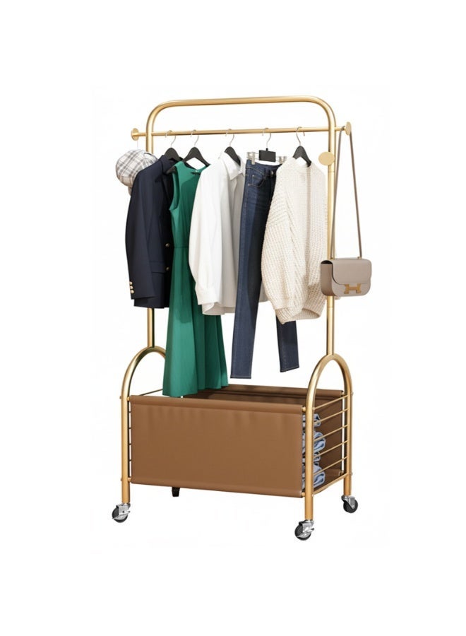 CHOIWIN Gold Rolling Clothing Rack with Storage Basket, Portable Garment Rack with Wheels, Heavy Duty Clothes Rack with Leather Storage Organizer for Bedroom, Laundry Room 80*37*172cm - Image 2