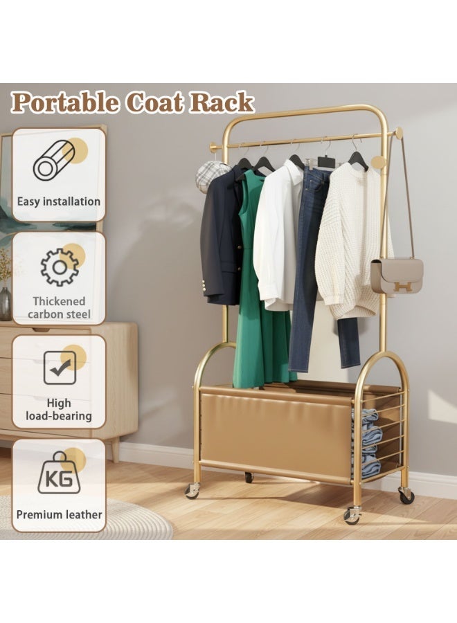 CHOIWIN Gold Rolling Clothing Rack with Storage Basket, Portable Garment Rack with Wheels, Heavy Duty Clothes Rack with Leather Storage Organizer for Bedroom, Laundry Room 80*37*172cm - Image 3