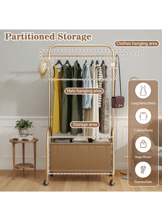 CHOIWIN Gold Rolling Clothing Rack with Storage Basket, Portable Garment Rack with Wheels, Heavy Duty Clothes Rack with Leather Storage Organizer for Bedroom, Laundry Room 80*37*172cm - Image 4