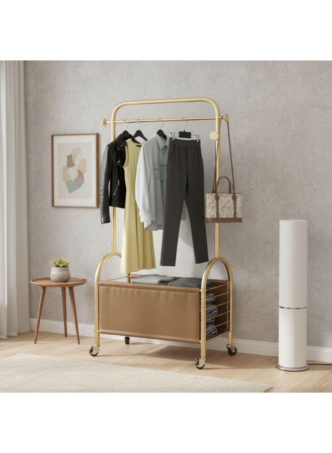 CHOIWIN Gold Rolling Clothing Rack with Storage Basket, Portable Garment Rack with Wheels, Heavy Duty Clothes Rack with Leather Storage Organizer for Bedroom, Laundry Room 80*37*172cm - Image 1